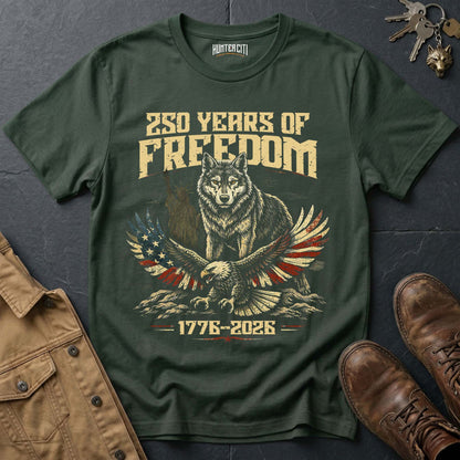 250 Years of Freedom T-Shirt Wolf Eagle Statue of Liberty 1776 2026 America Anniversary Patriotic Graphic Tee USA