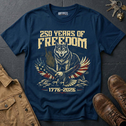 250 Years of Freedom T-Shirt Wolf Eagle Statue of Liberty 1776 2026 America Anniversary Patriotic Graphic Tee USA