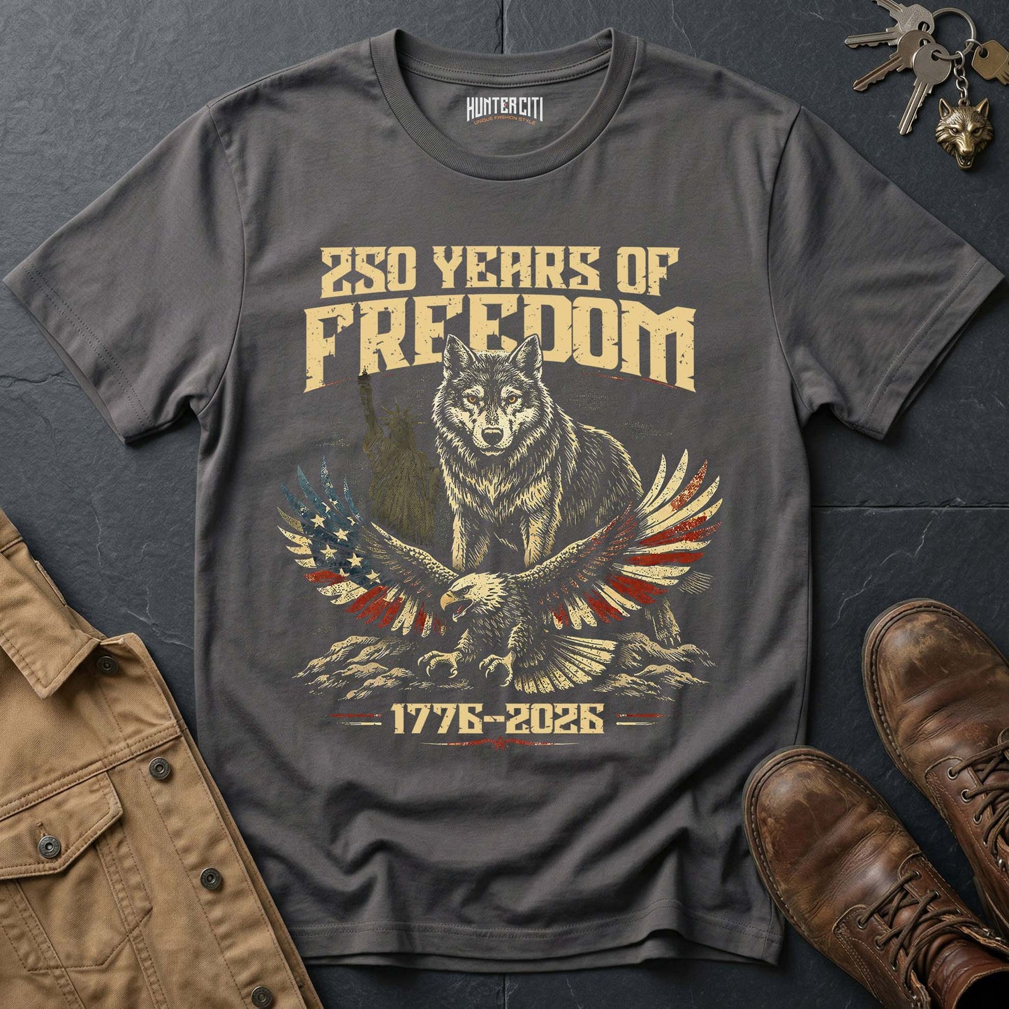 250 Years of Freedom T-Shirt Wolf Eagle Statue of Liberty 1776 2026 America Anniversary Patriotic Graphic Tee USA
