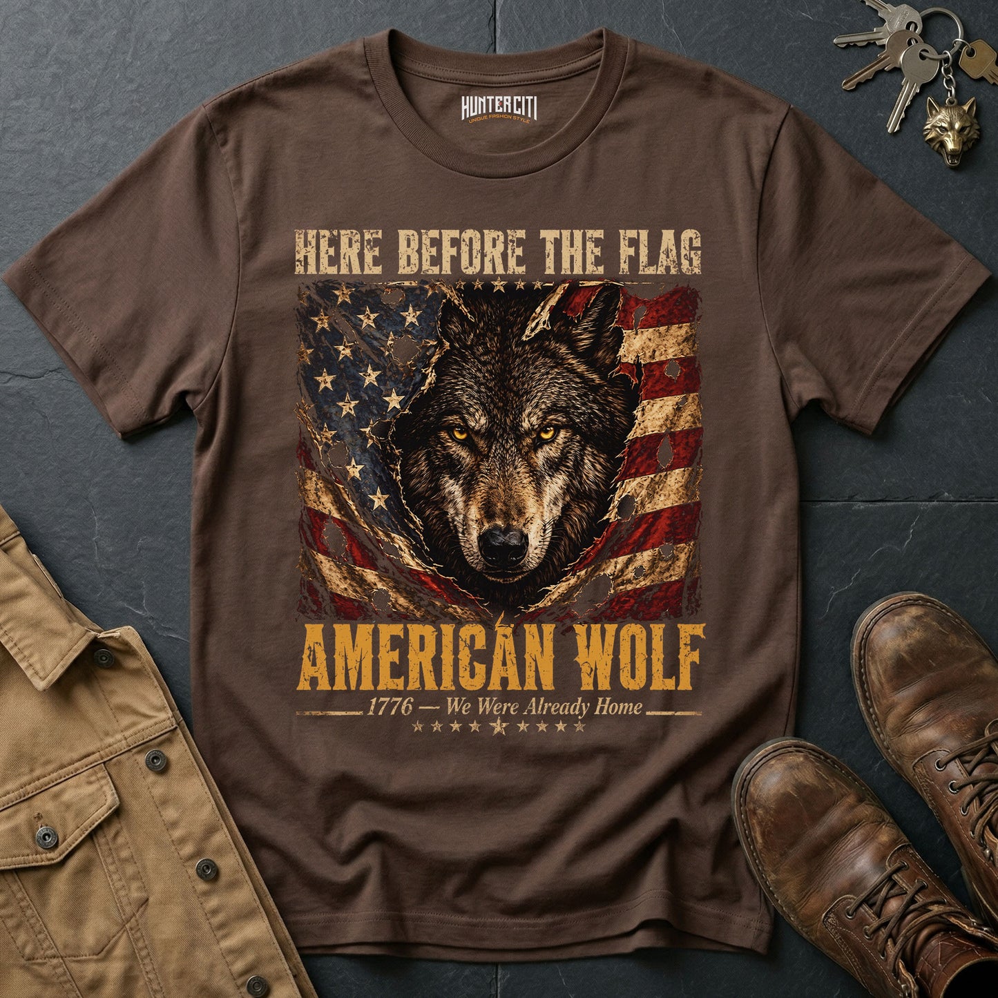 Here Before the Flag American Wolf T-Shirt Patriotic Wolf Graphic Tee 1776 USA Gift for Men