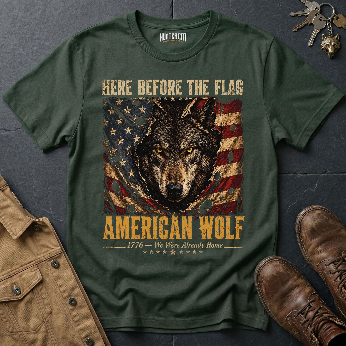 Here Before the Flag American Wolf T-Shirt Patriotic Wolf Graphic Tee 1776 USA Gift for Men