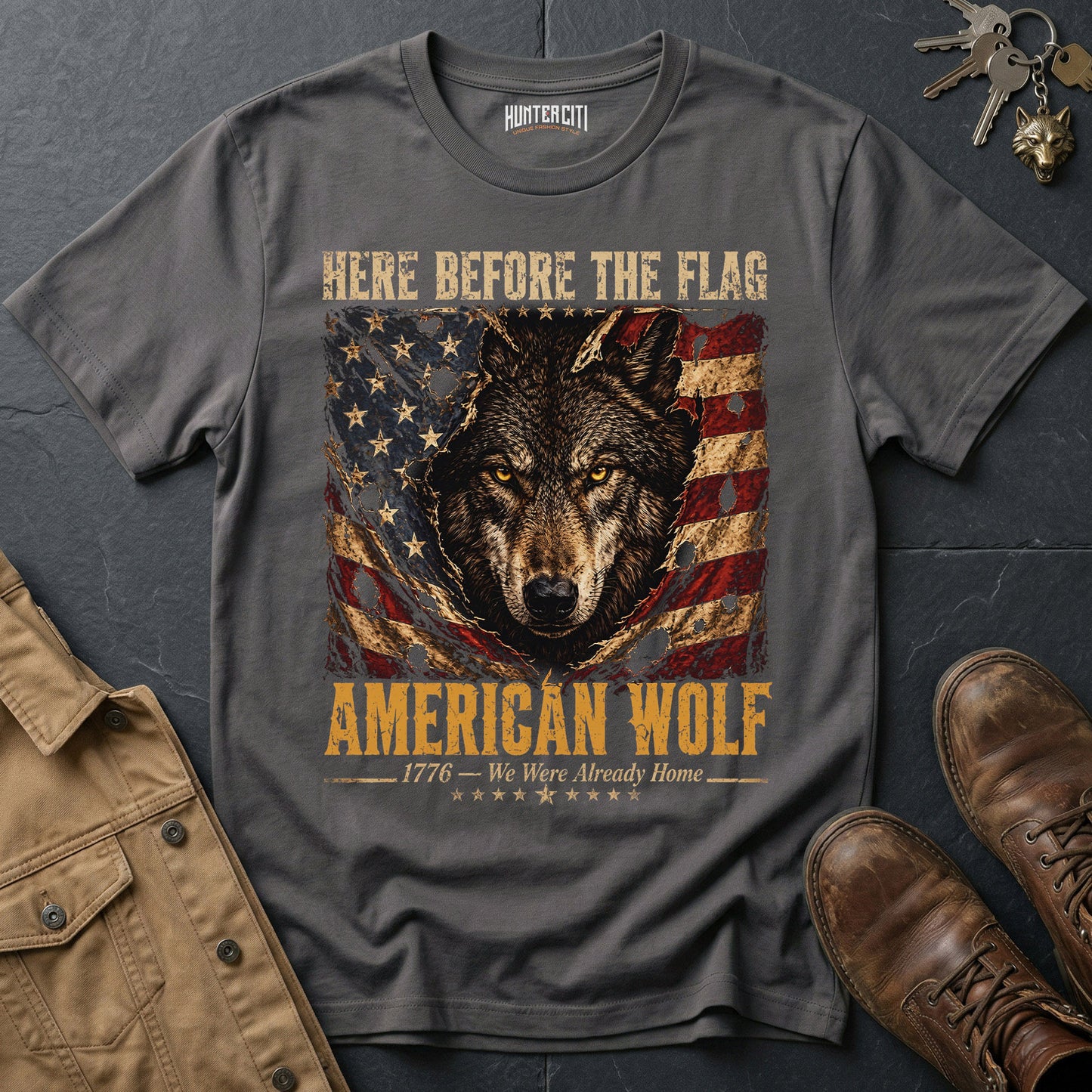 Here Before the Flag American Wolf T-Shirt Patriotic Wolf Graphic Tee 1776 USA Gift for Men