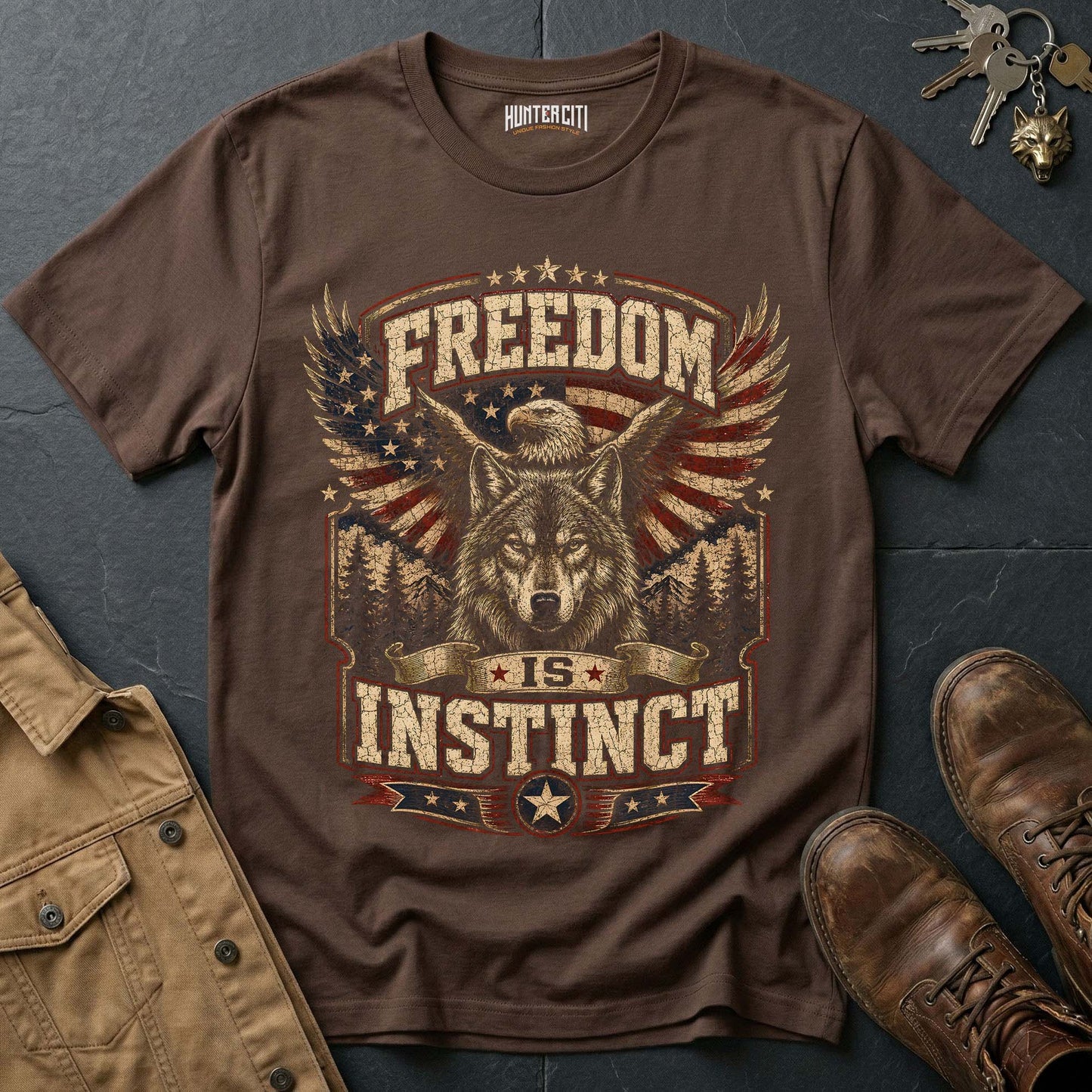 Freedom Is Instinct Wolf T-Shirt — Patriotic American Graphic Tee