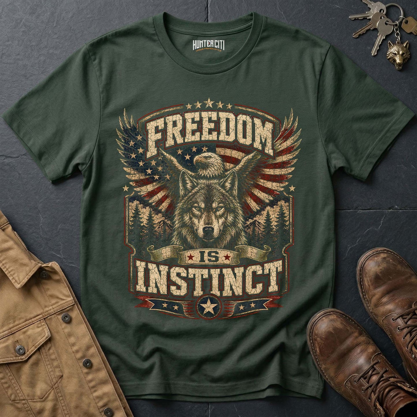 Freedom Is Instinct Wolf T-Shirt — Patriotic American Graphic Tee