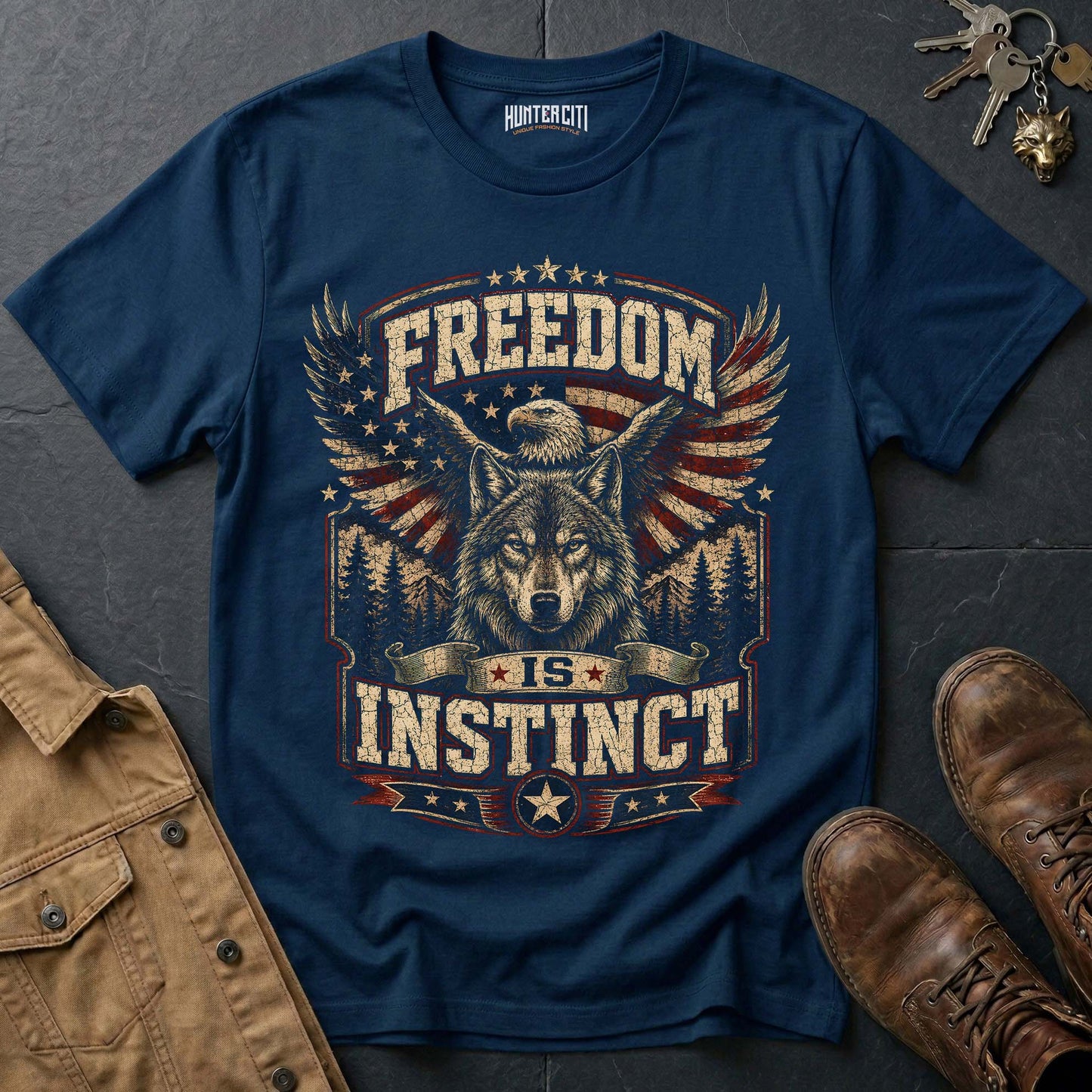 Freedom Is Instinct Wolf T-Shirt — Patriotic American Graphic Tee