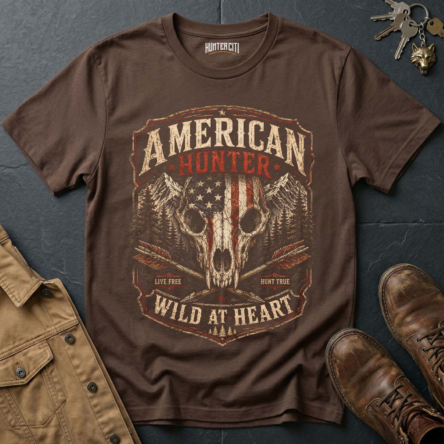 American Hunter Wild At Heart Wolf T-Shirt — Live Free Hunt True Graphic Tee