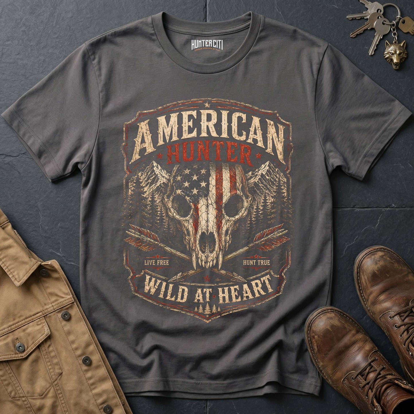 American Hunter Wild At Heart Wolf T-Shirt — Live Free Hunt True Graphic Tee