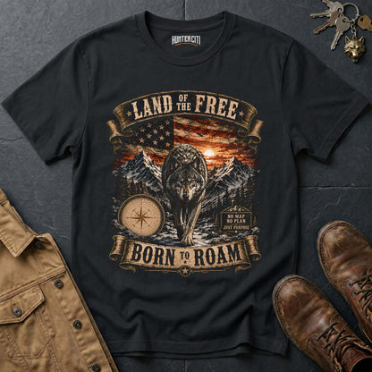 Land of the Free Born to Roam Wolf T-Shirt - Patriotic Wilderness Tee