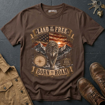 Land of the Free Born to Roam Wolf T-Shirt - Patriotic Wilderness Tee