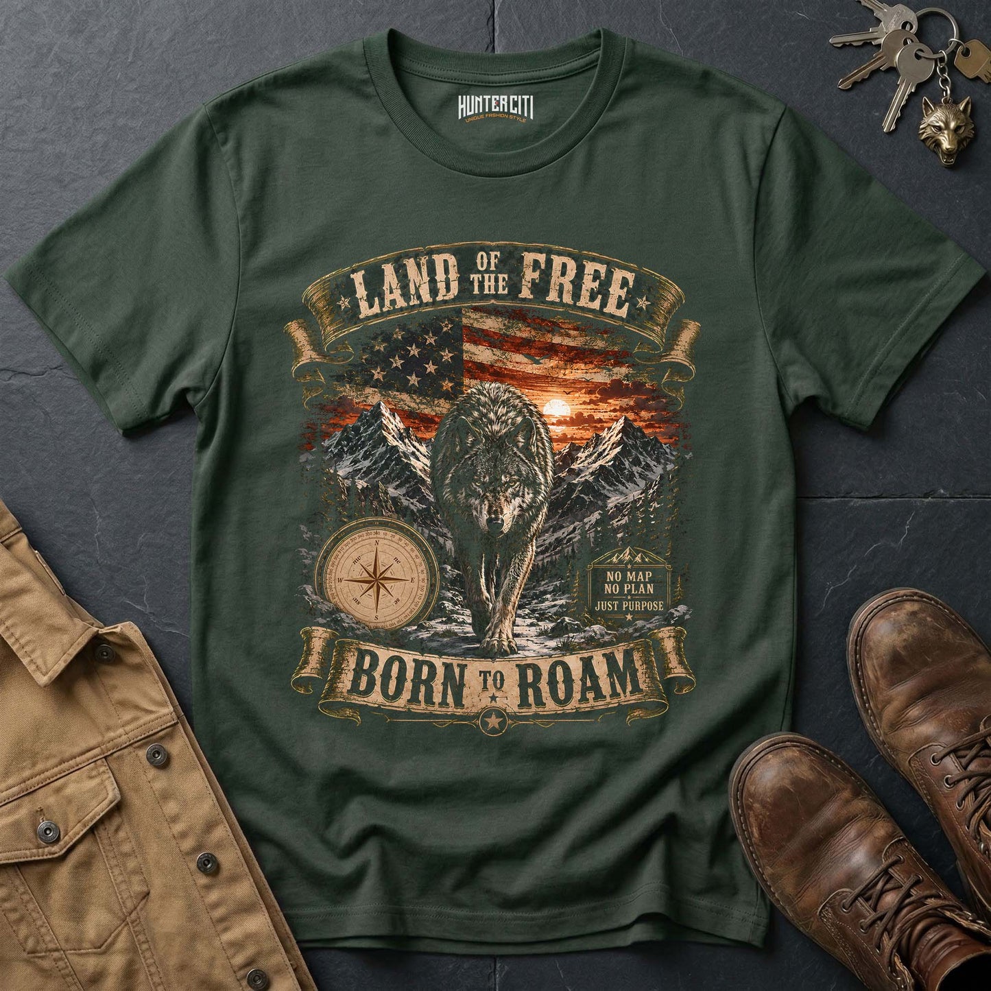 Land of the Free Born to Roam Wolf T-Shirt - Patriotic Wilderness Tee
