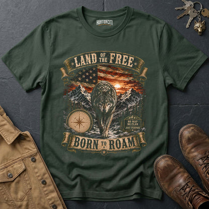 Land of the Free Born to Roam Wolf T-Shirt - Patriotic Wilderness Tee