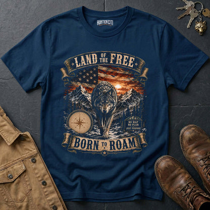 Land of the Free Born to Roam Wolf T-Shirt - Patriotic Wilderness Tee