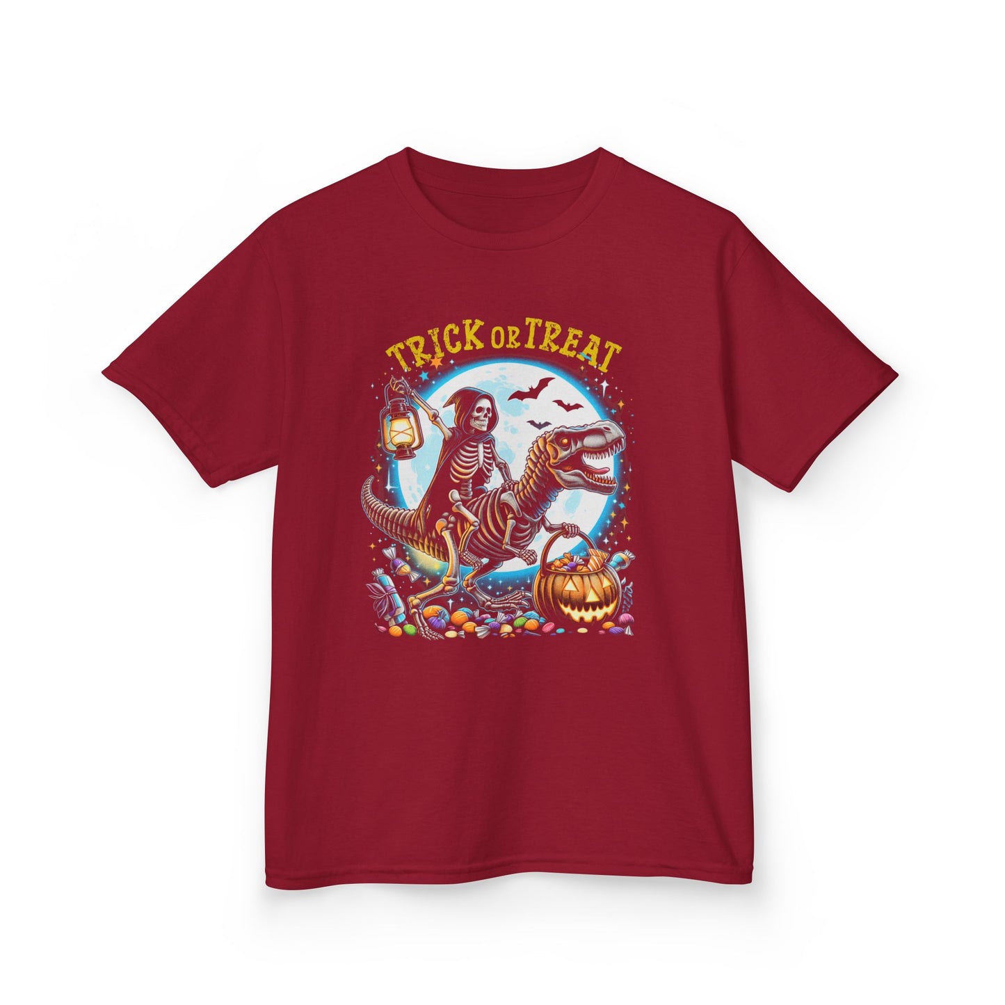 Skeleton Riding Mummy Dinosaur T Rex Halloween Funny Pumpkin Kids T-Shirt - Cute Dinosaur Skeleton Halloween Shirt for Boys & Girls