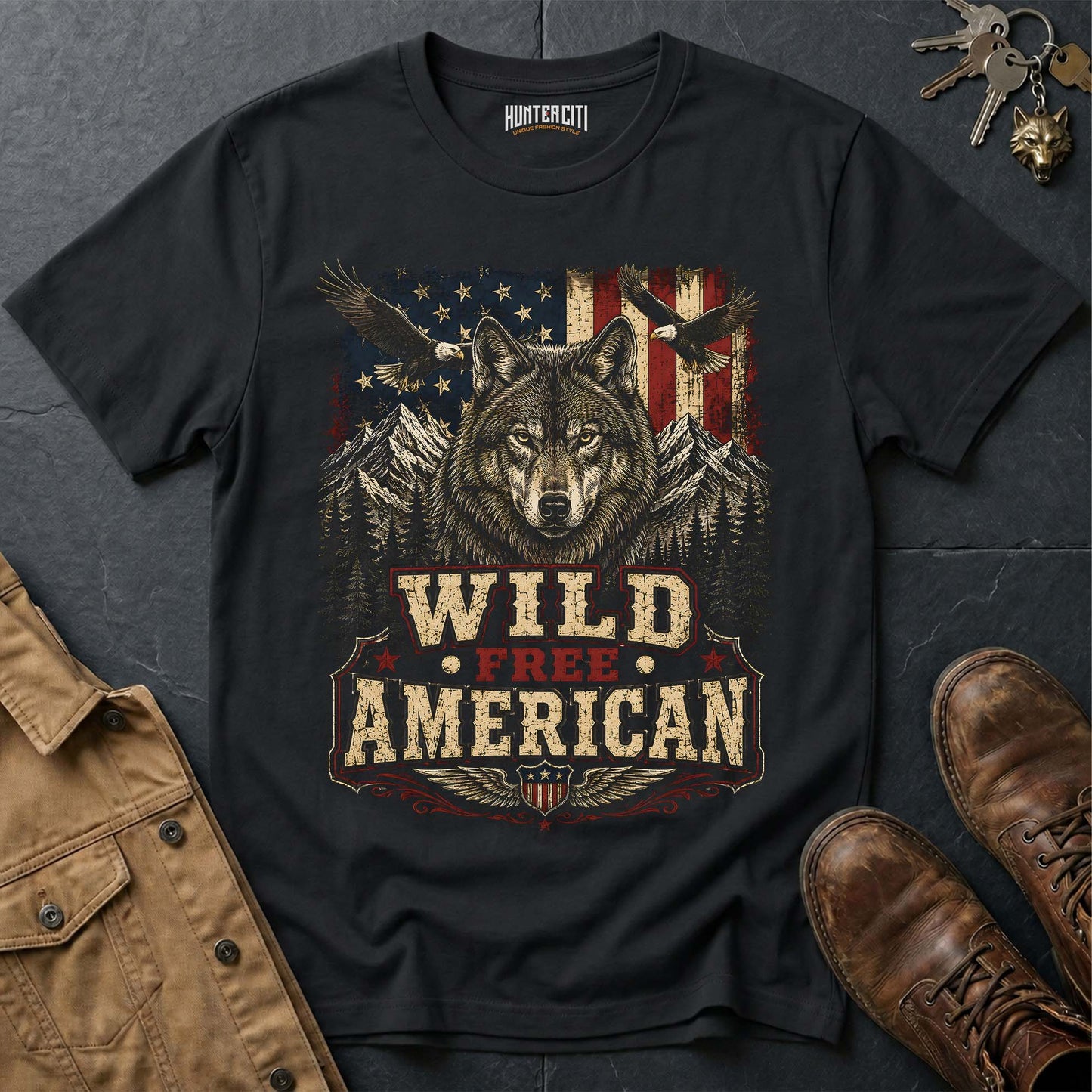 Wild Free American Wolf T-Shirt - Bold Patriotic Graphic Tee