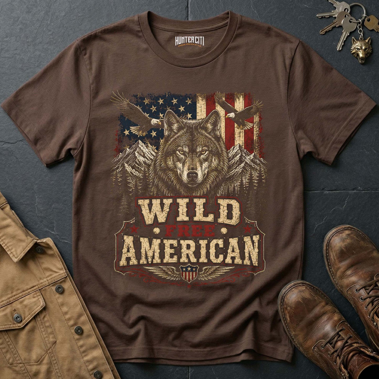 Wild Free American Wolf T-Shirt - Bold Patriotic Graphic Tee