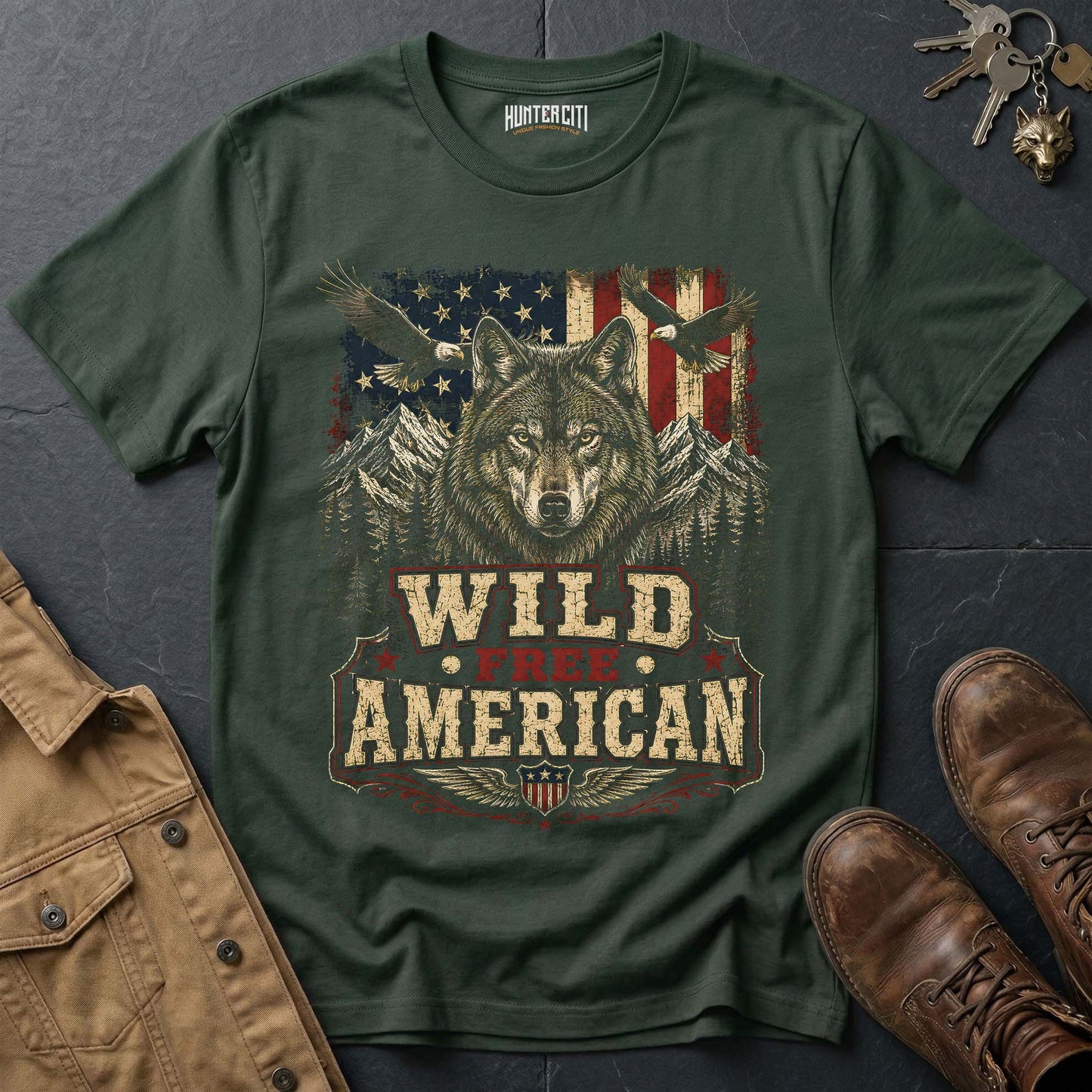 Wild Free American Wolf T-Shirt - Bold Patriotic Graphic Tee