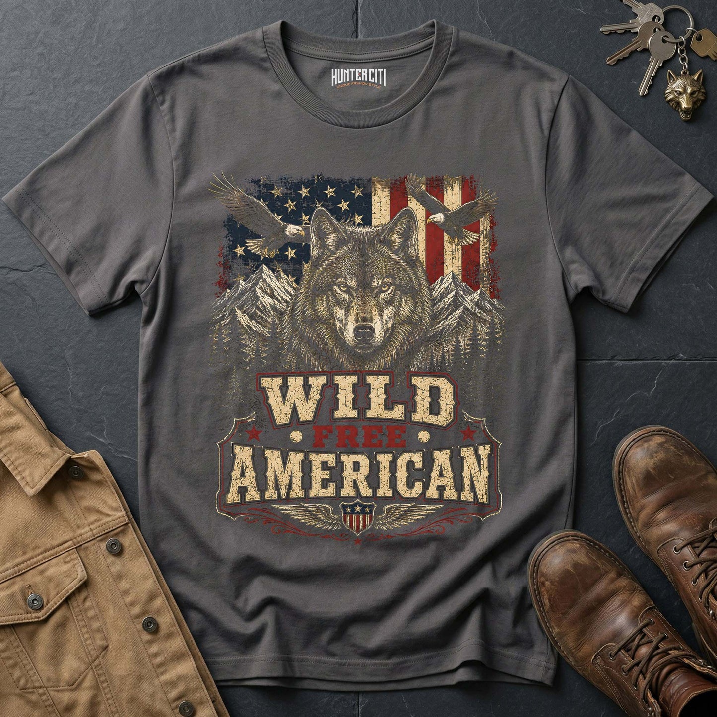 Wild Free American Wolf T-Shirt - Bold Patriotic Graphic Tee