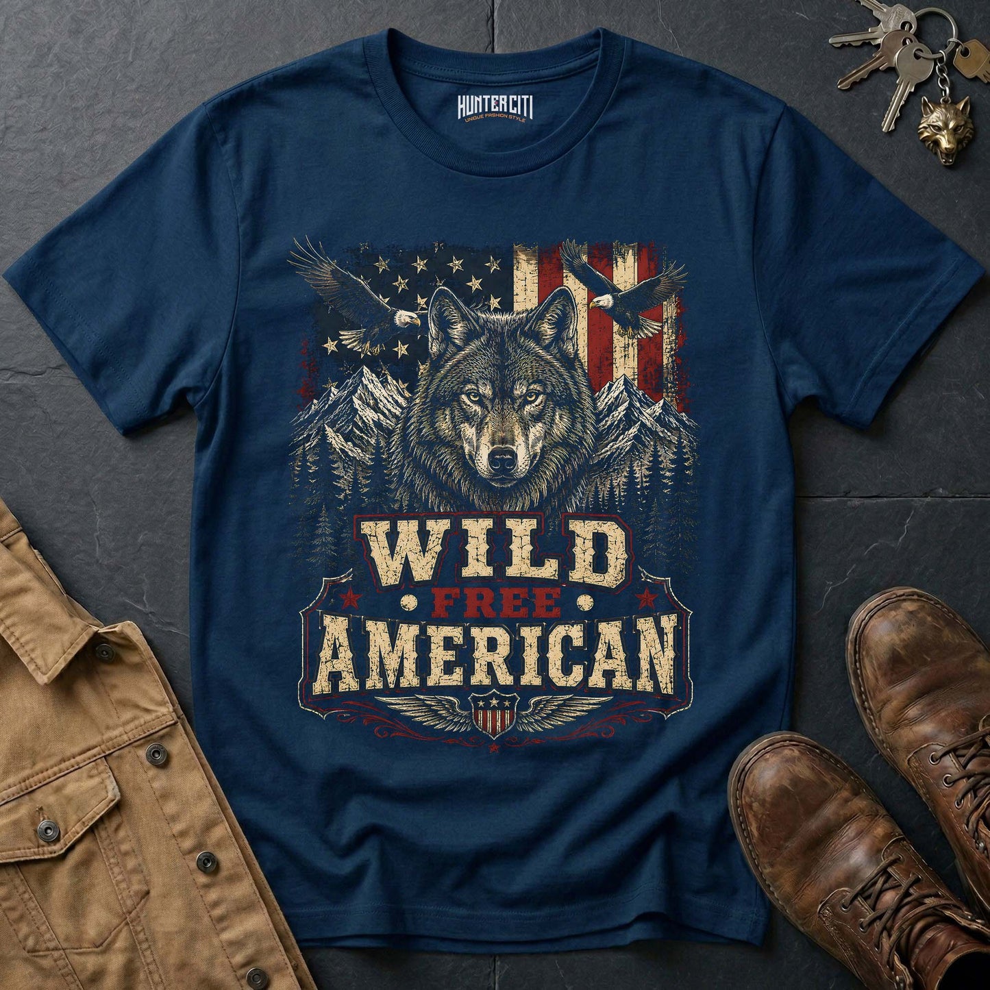 Wild Free American Wolf T-Shirt - Bold Patriotic Graphic Tee