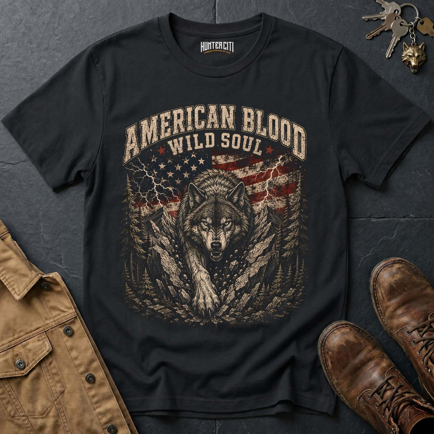 American Blood Wild Soul Wolf T-Shirt - Patriotic Graphic Tee