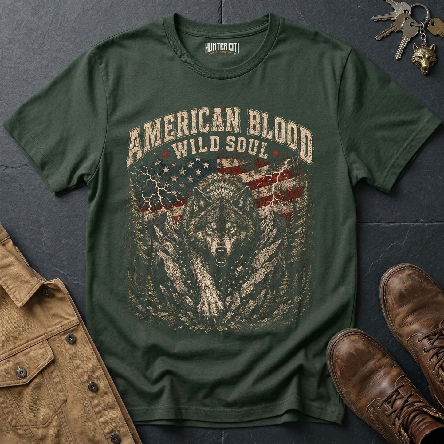 American Blood Wild Soul Wolf T-Shirt - Patriotic Graphic Tee
