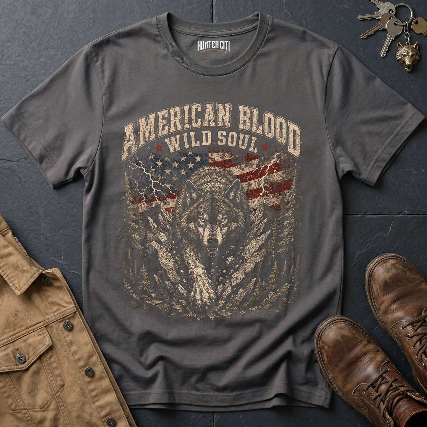 American Blood Wild Soul Wolf T-Shirt - Patriotic Graphic Tee
