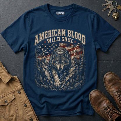 American Blood Wild Soul Wolf T-Shirt - Patriotic Graphic Tee
