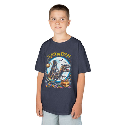 Skeleton Riding Mummy Dinosaur T Rex Halloween Funny Pumpkin Kids T-Shirt - Cute Dinosaur Skeleton Halloween Shirt for Boys & Girls