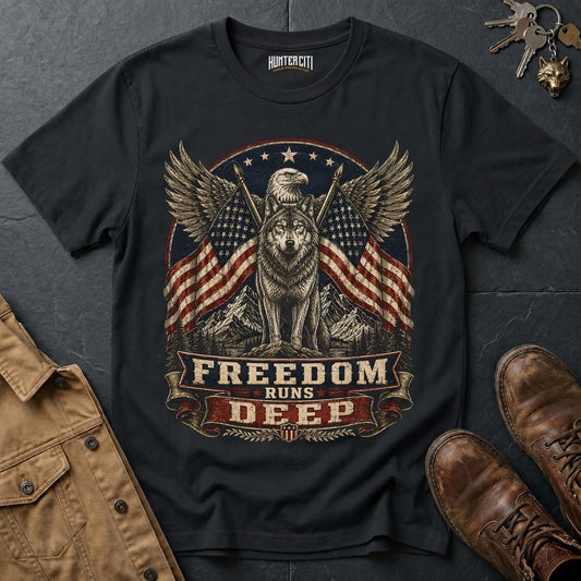Freedom Runs Deep Wolf T-Shirt - Patriotic American Graphic Tee