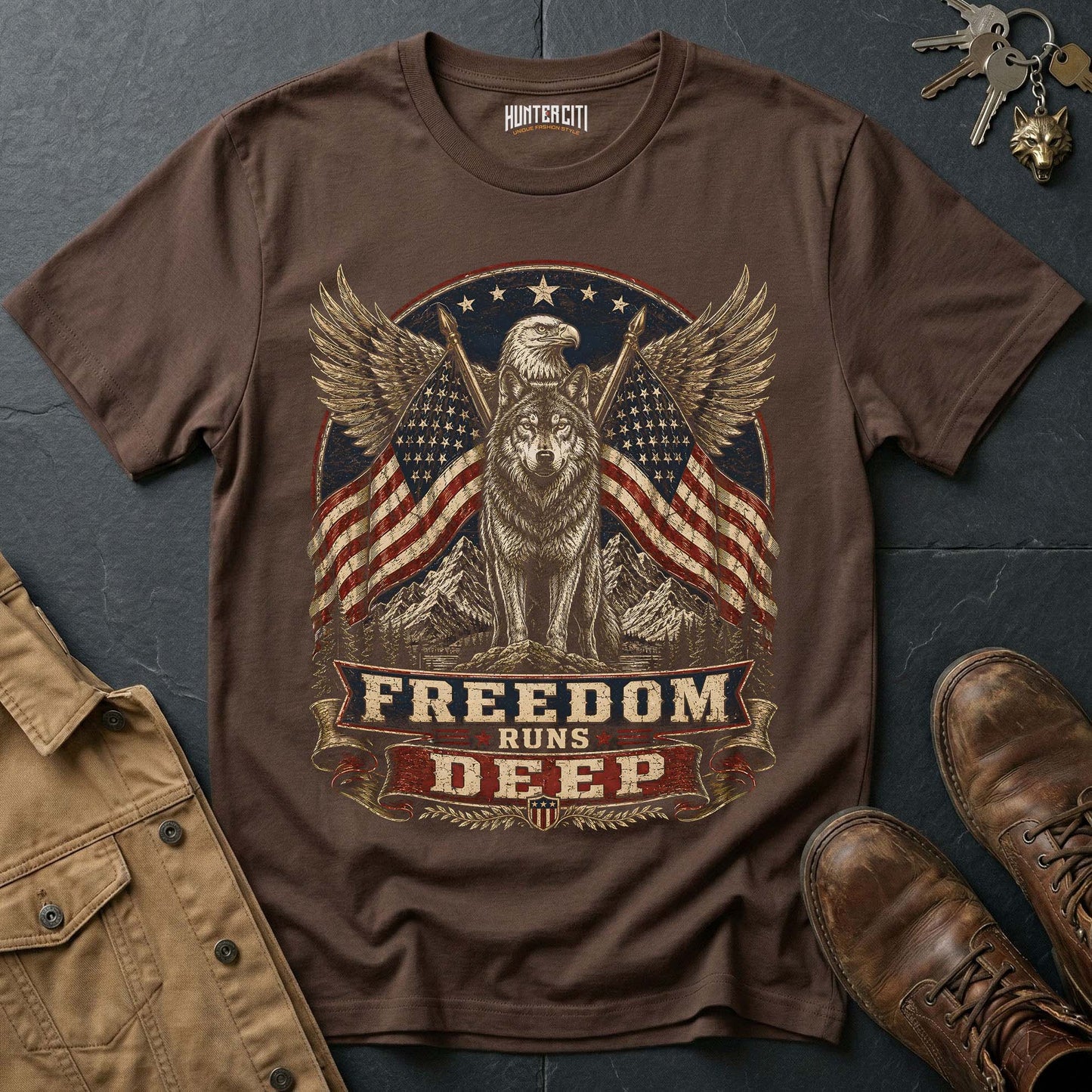 Freedom Runs Deep Wolf T-Shirt - Patriotic American Graphic Tee