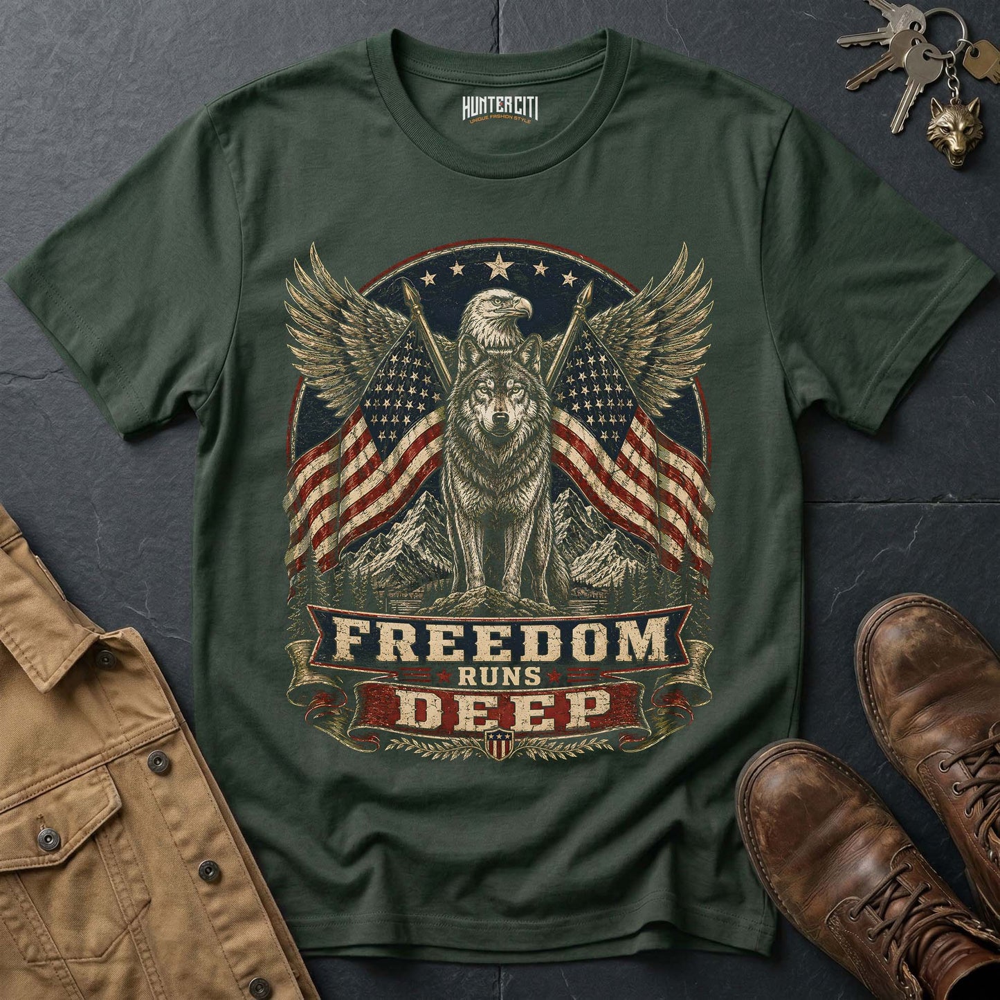 Freedom Runs Deep Wolf T-Shirt - Patriotic American Graphic Tee
