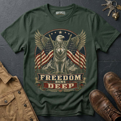 Freedom Runs Deep Wolf T-Shirt - Patriotic American Graphic Tee