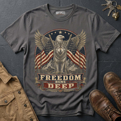 Freedom Runs Deep Wolf T-Shirt - Patriotic American Graphic Tee