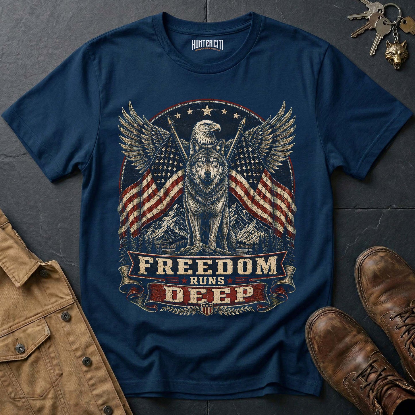 Freedom Runs Deep Wolf T-Shirt - Patriotic American Graphic Tee