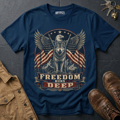 Freedom Runs Deep Wolf T-Shirt - Patriotic American Graphic Tee