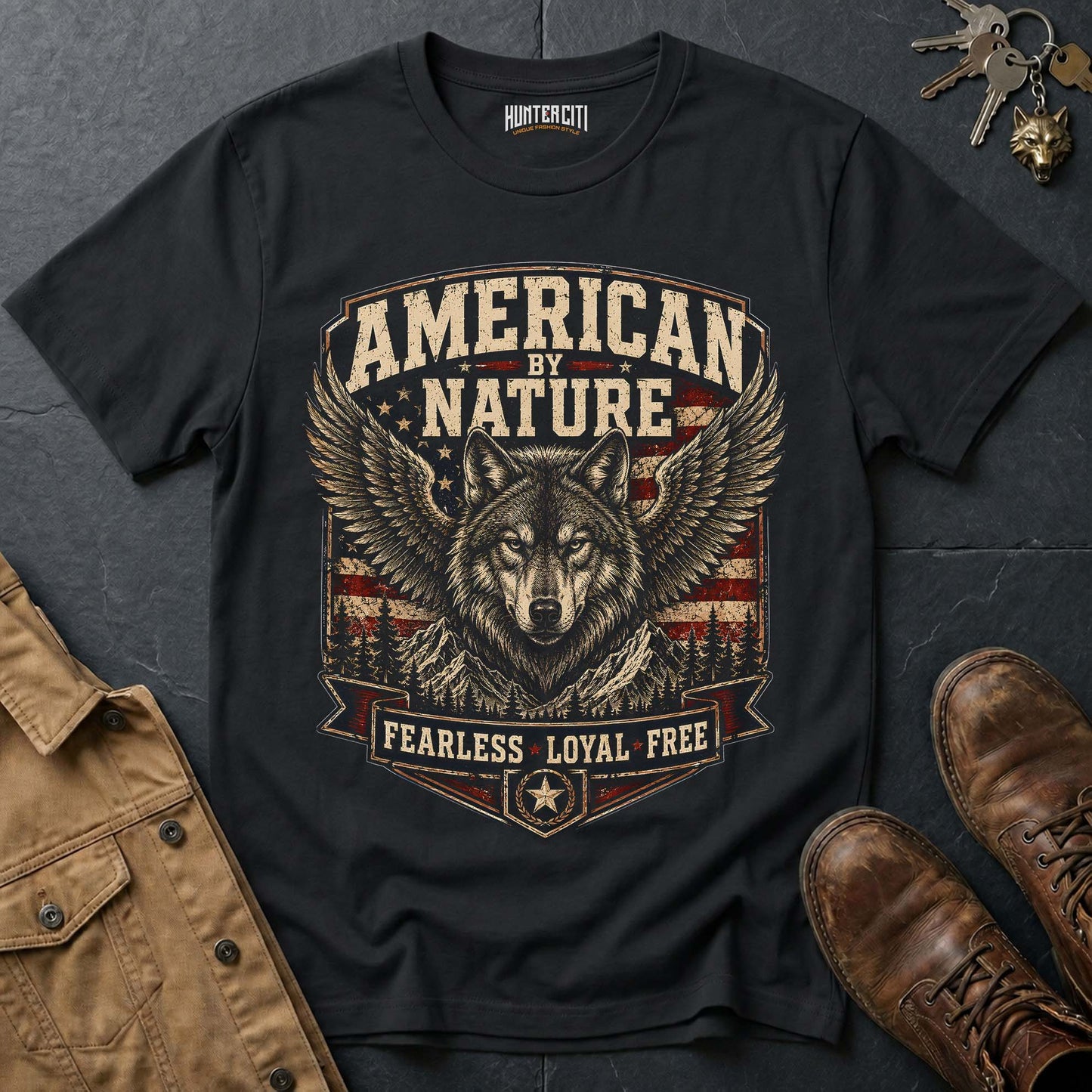 American by Nature Fearless Loyal Free Wolf Graphic Tee – Patriotic American T-Shirt