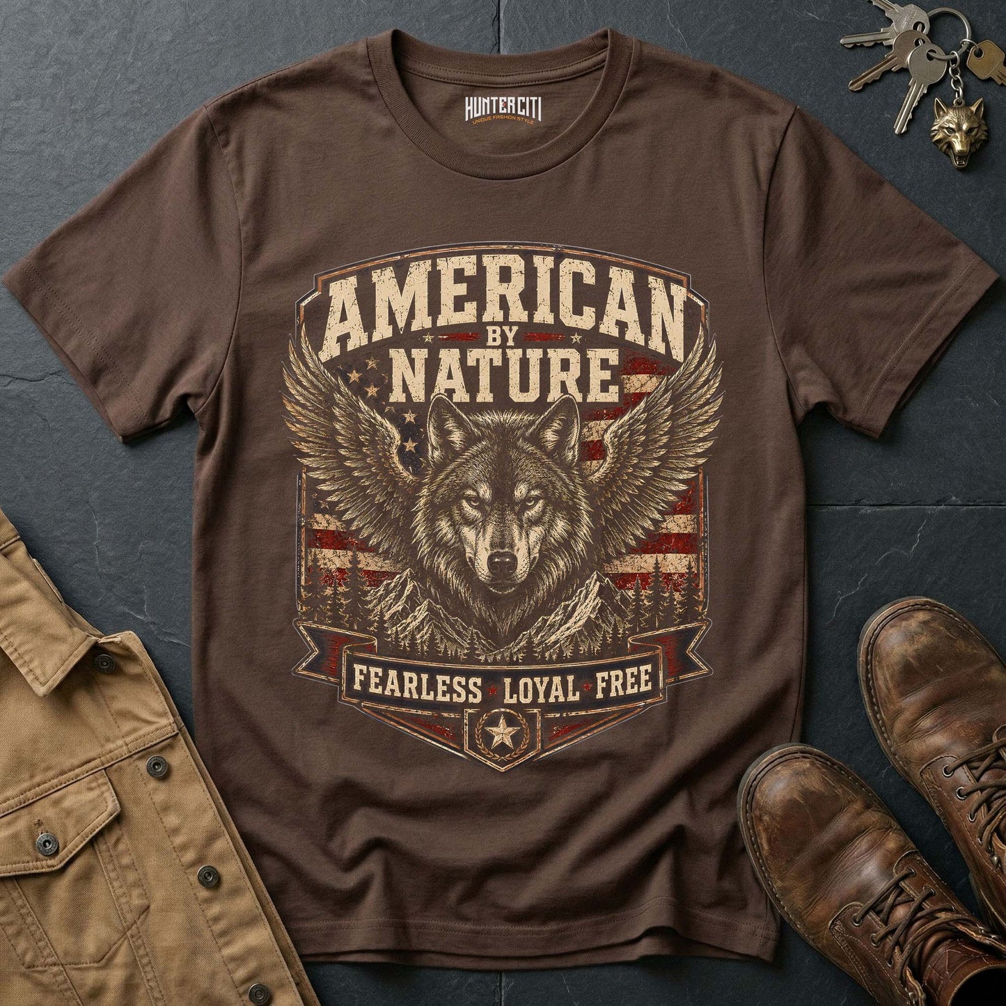 American by Nature Fearless Loyal Free Wolf Graphic Tee – Patriotic American T-Shirt
