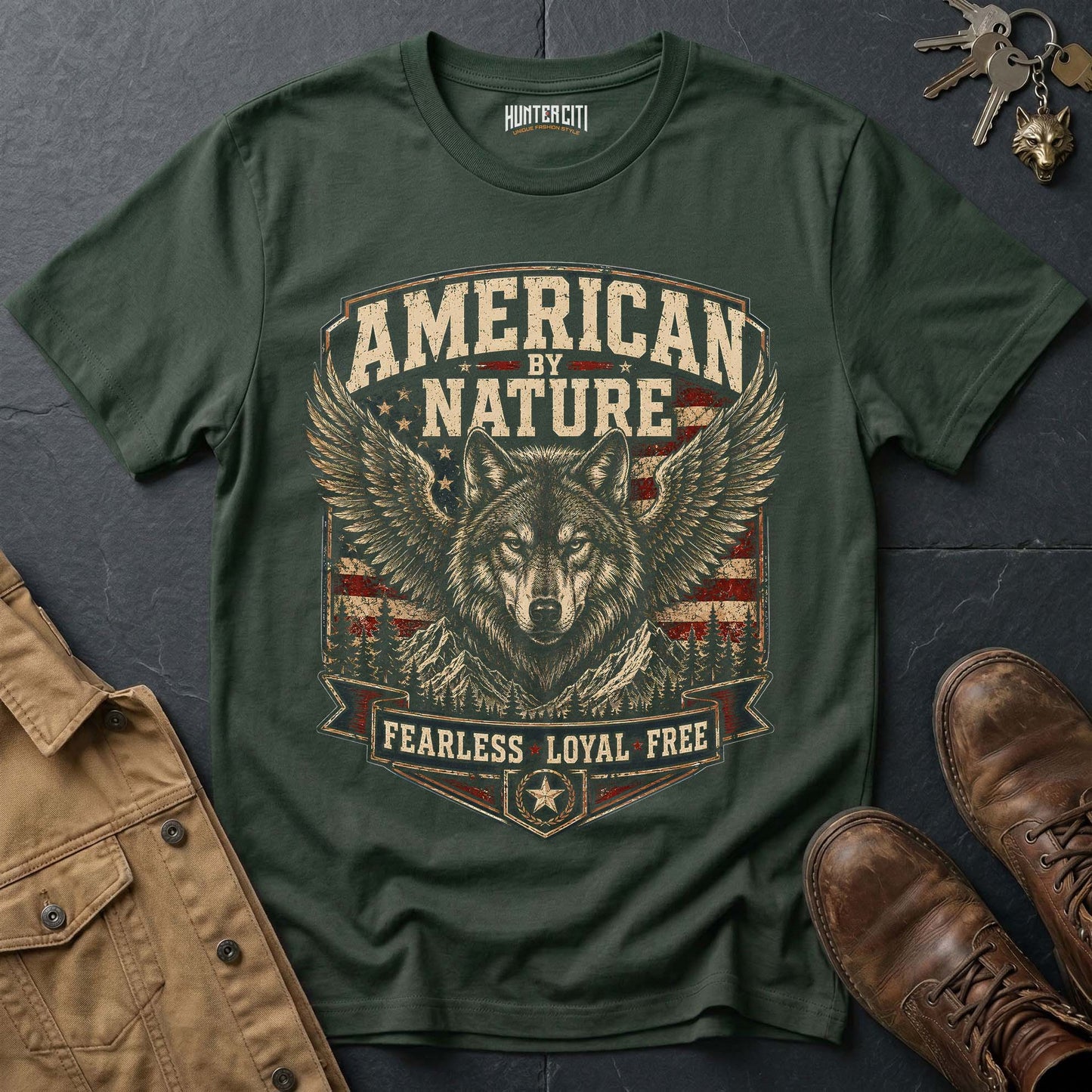 American by Nature Fearless Loyal Free Wolf Graphic Tee – Patriotic American T-Shirt