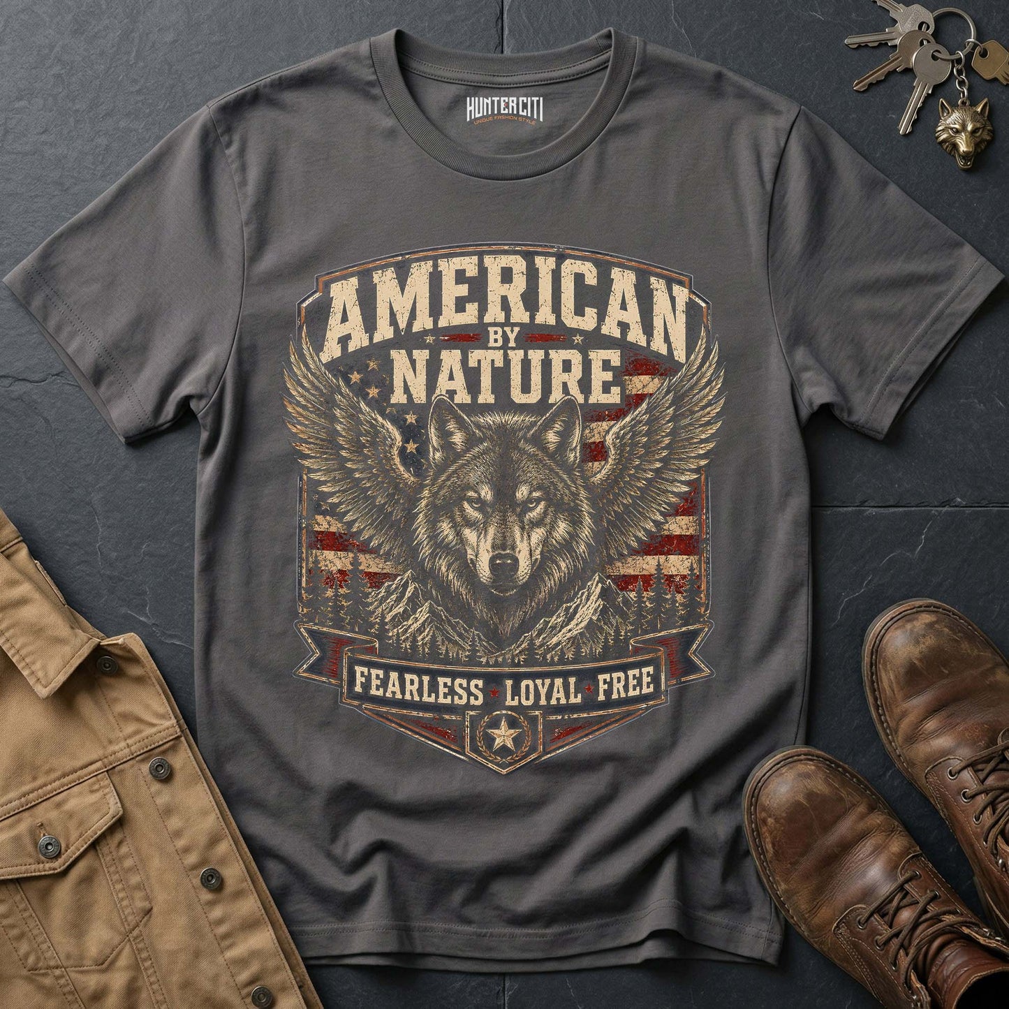 American by Nature Fearless Loyal Free Wolf Graphic Tee – Patriotic American T-Shirt