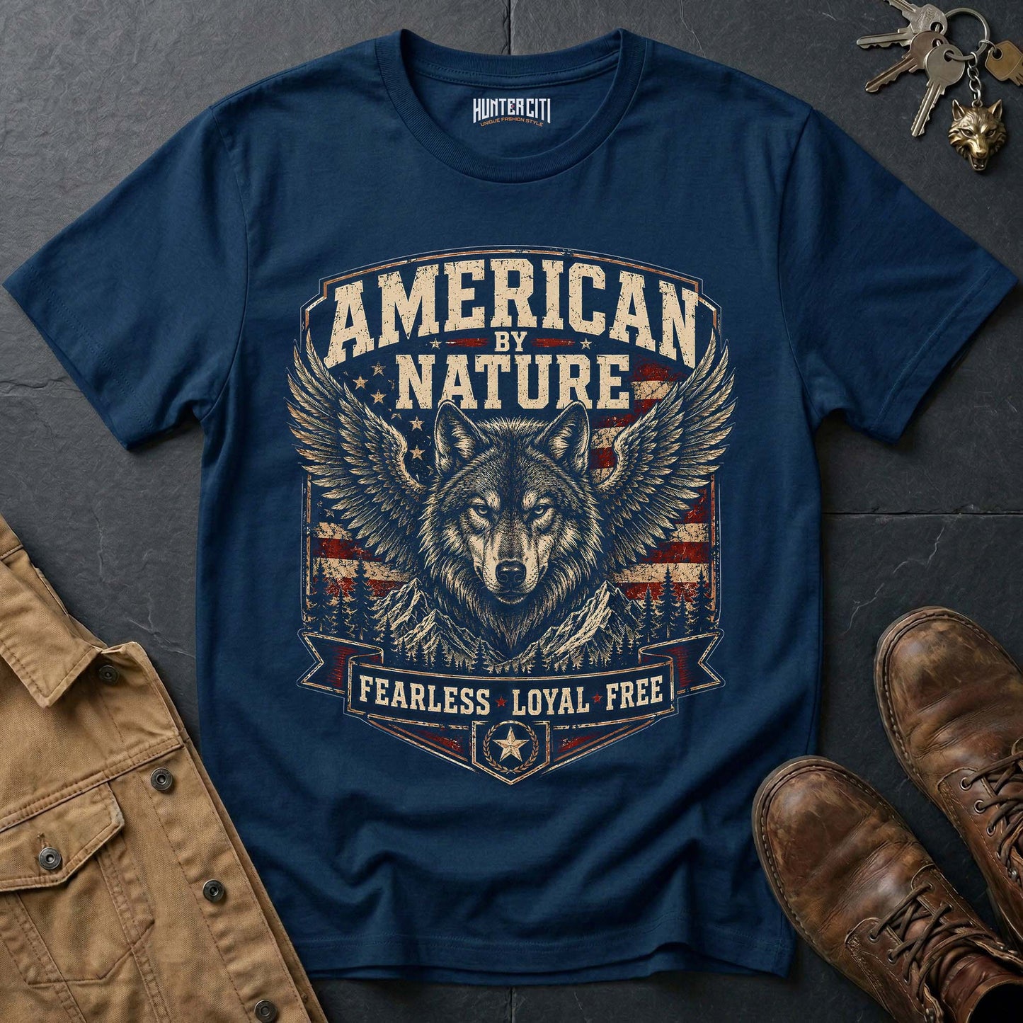 American by Nature Fearless Loyal Free Wolf Graphic Tee – Patriotic American T-Shirt