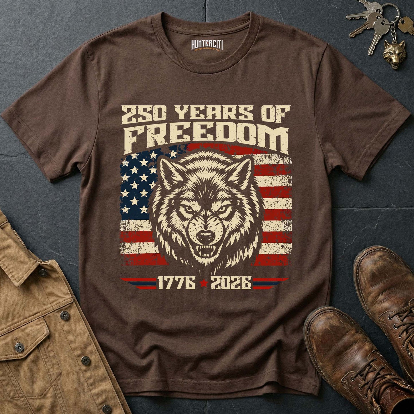 250 Years of Freedom Snarling Wolf T-Shirt - America 1776 2026 Patriotic Wolf Graphic Tee Anniversary USA Gift for Men