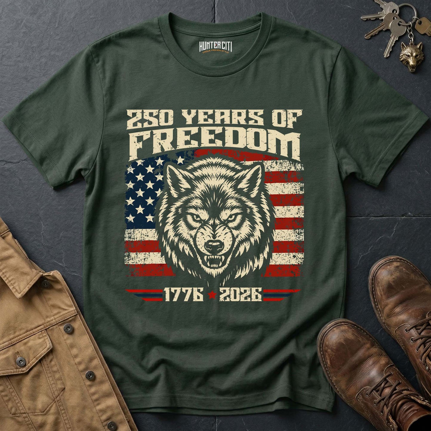 250 Years of Freedom Snarling Wolf T-Shirt - America 1776 2026 Patriotic Wolf Graphic Tee Anniversary USA Gift for Men