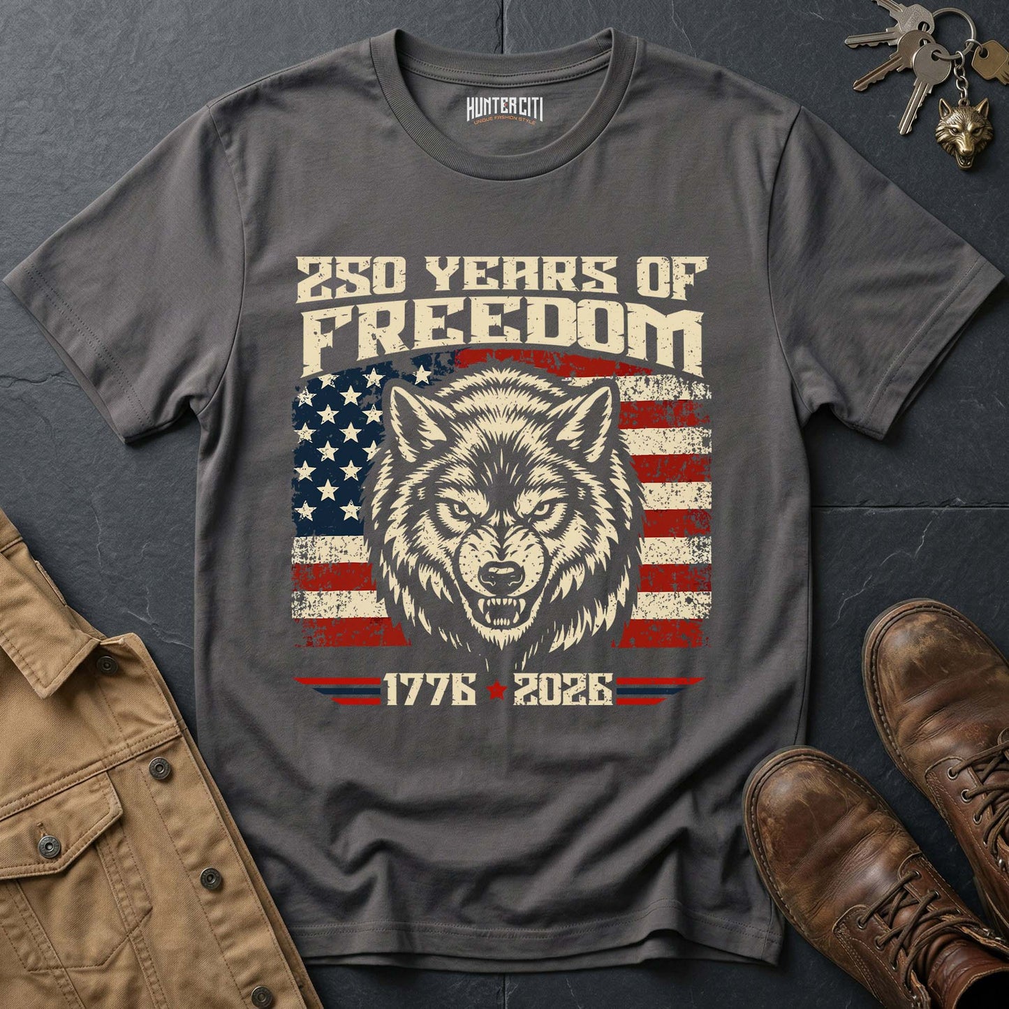 250 Years of Freedom Snarling Wolf T-Shirt - America 1776 2026 Patriotic Wolf Graphic Tee Anniversary USA Gift for Men