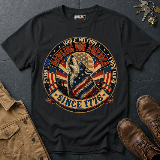 Howling for America Since 1776 T-Shirt Wolf Nation USA Patriotic Wolf Badge Graphic Tee 4th of July Gift