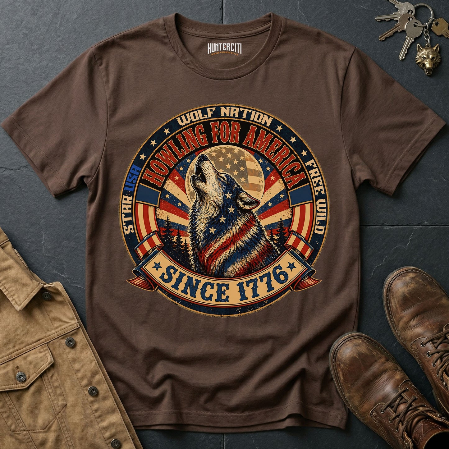 Howling for America Since 1776 T-Shirt Wolf Nation USA Patriotic Wolf Badge Graphic Tee 4th of July Gift