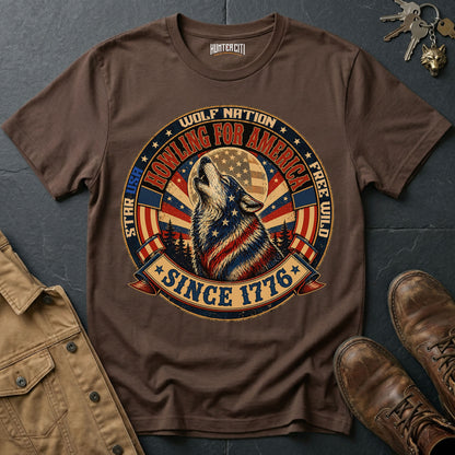 Howling for America Since 1776 T-Shirt Wolf Nation USA Patriotic Wolf Badge Graphic Tee 4th of July Gift