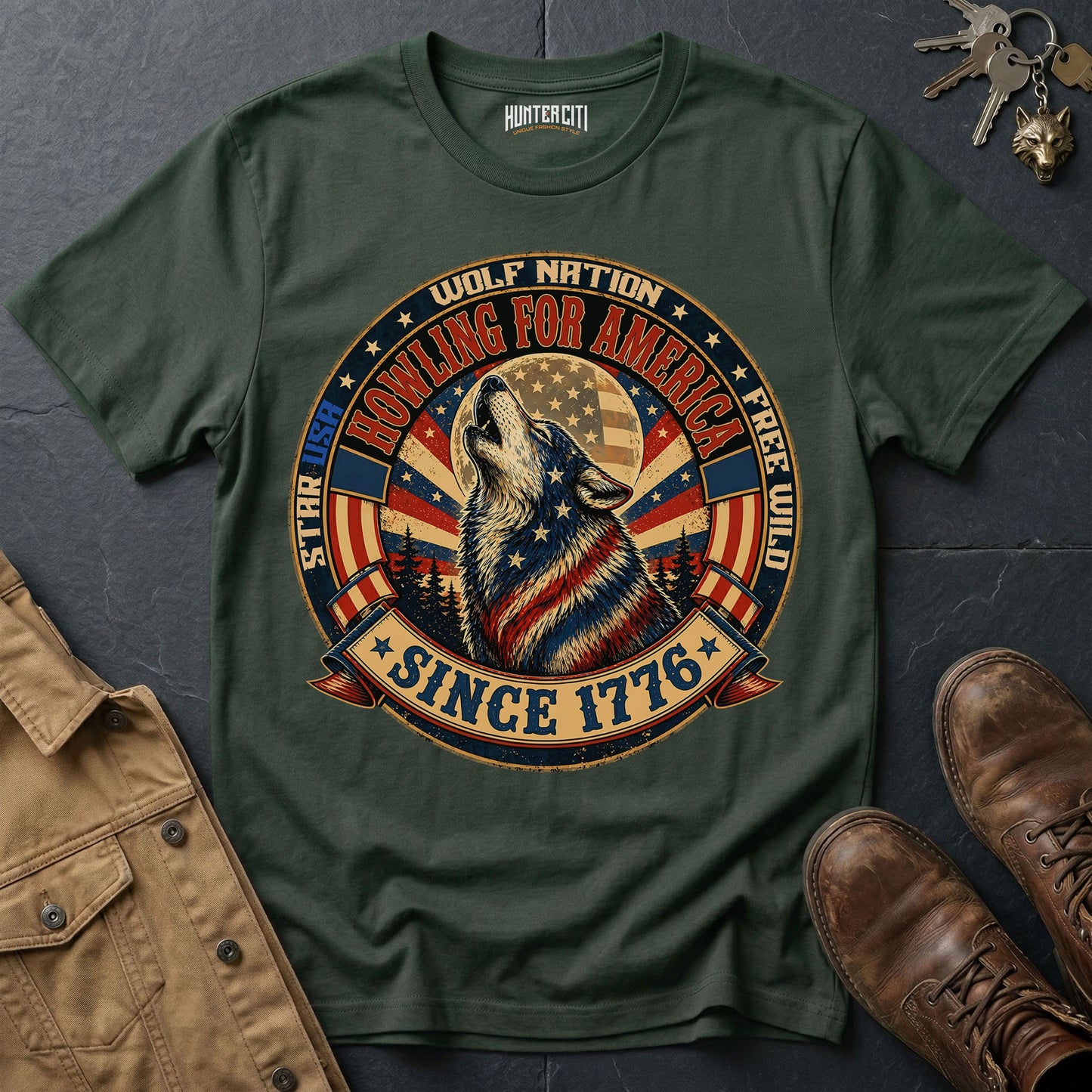 Howling for America Since 1776 T-Shirt Wolf Nation USA Patriotic Wolf Badge Graphic Tee 4th of July Gift