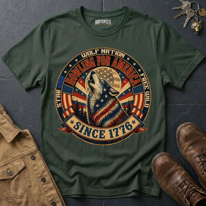 Howling for America Since 1776 T-Shirt Wolf Nation USA Patriotic Wolf Badge Graphic Tee 4th of July Gift