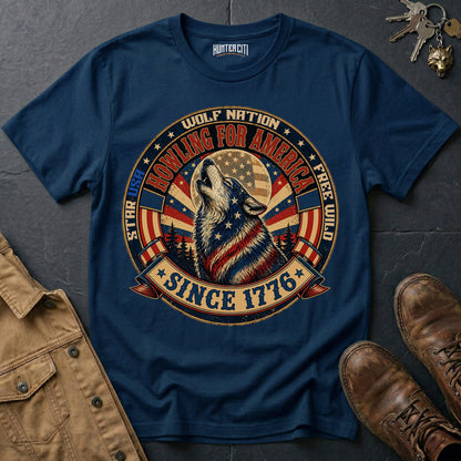 Howling for America Since 1776 T-Shirt Wolf Nation USA Patriotic Wolf Badge Graphic Tee 4th of July Gift