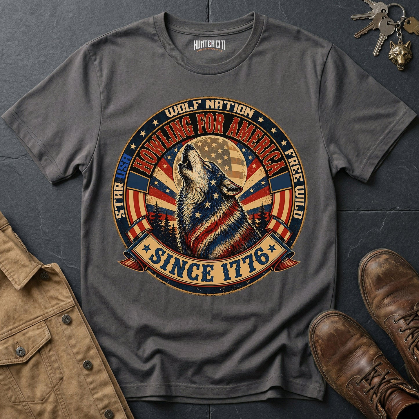 Howling for America Since 1776 T-Shirt Wolf Nation USA Patriotic Wolf Badge Graphic Tee 4th of July Gift