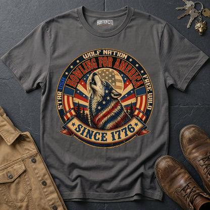 Howling for America Since 1776 T-Shirt Wolf Nation USA Patriotic Wolf Badge Graphic Tee 4th of July Gift